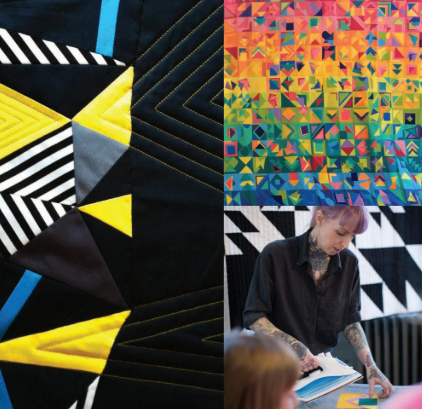 Collage of geometric-patterned quilts with a person working on a quilt in the corner.